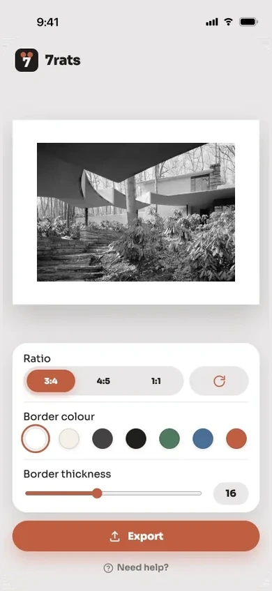 The 7rats editor framing a landscape photo on a 3:4 canvas, with ratio and border color controls below it