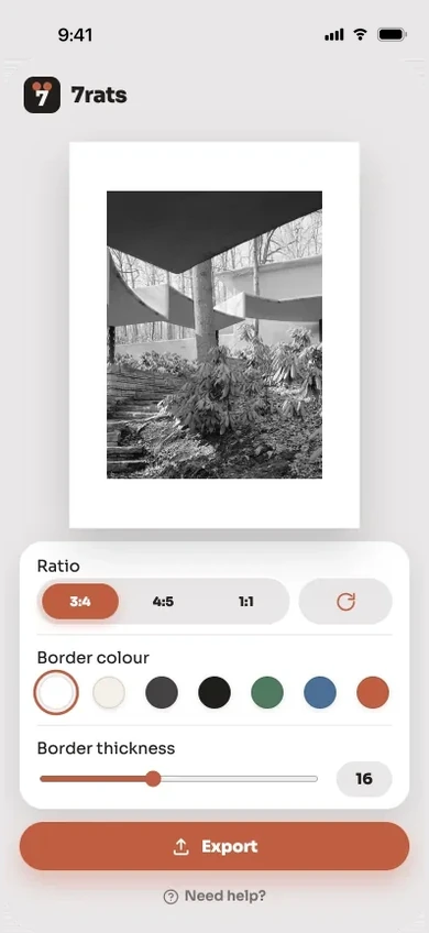 A portrait photo sitting uncropped inside a 4:5 Instagram canvas in the 7rats editor